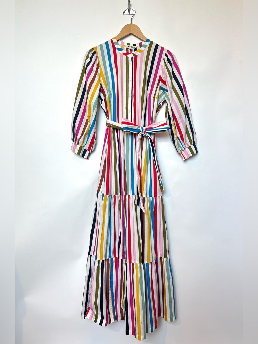 Boden Alba Rainbow Stripe Cotton Tiered Maxi Dress Belted Vertical Stripe US8 - Picture 2 of 16